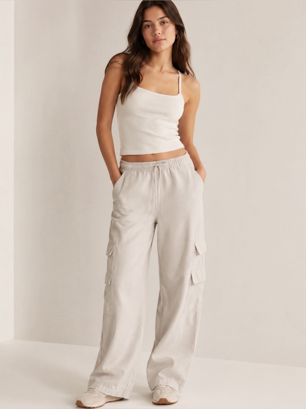 Abercrombie & Fitch Woman Cream Soft Relax Baggy Cargo Wide Leg Pull-On Pants XS